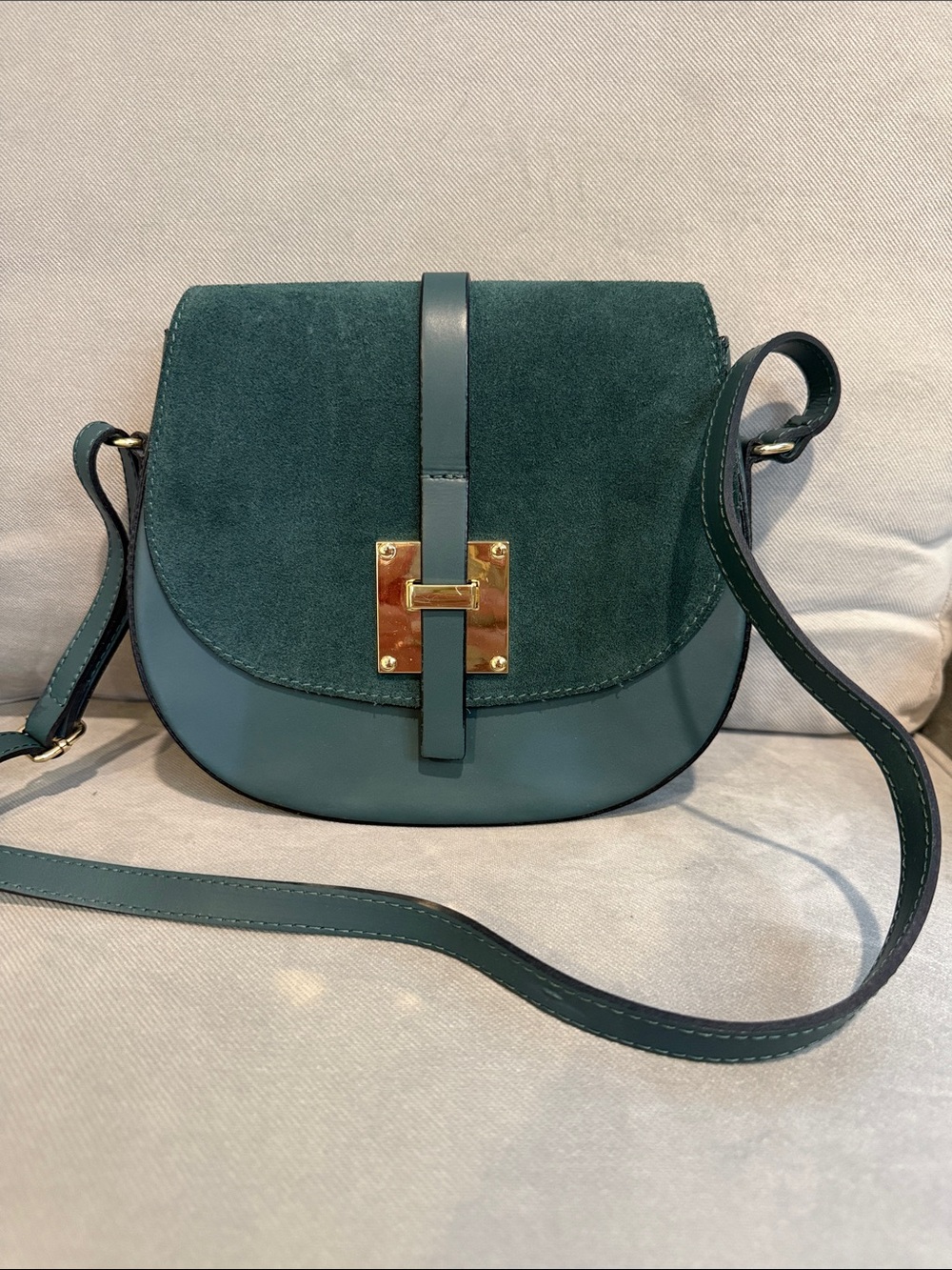 Italian Green Suede and Leather Crossbody Saddle Flap Bag